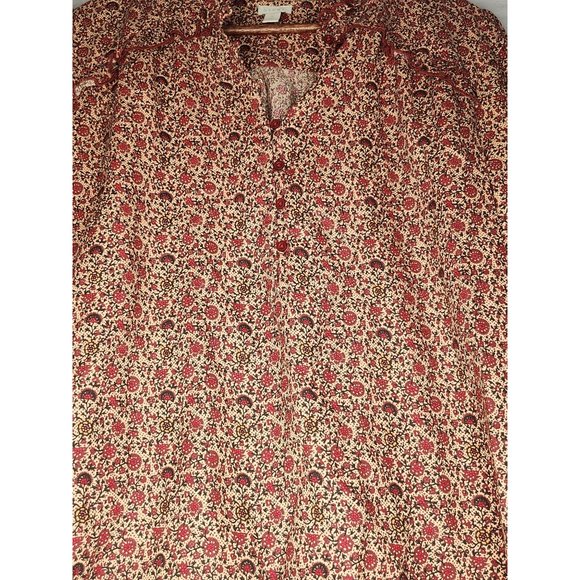 Hinge Navy and rust with orange and yellow floral print long sleeved blouse. Ruf - Picture 2 of 8